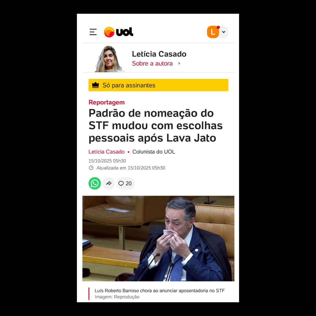 A escolha de um nome de confiança de Lula para a cadeira de Barroso no STF é vista com naturalidade por juristas e aliados. Eles dizem que o padrão de nomeação para a corte mudou depois da Lava Jato — mais especificamente em 2017, qdo Temer indicou Moraes
noticias.uol.com.br/colunas/letici…