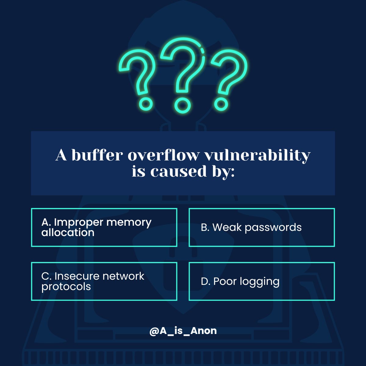 A_is_Anon's tweet image. 🛡️ Quick Cybersecurity Quiz! 🛡️
A buffer overflow vulnerability is caused by: Check the image for options and reply with your answer (A, B, C, or D)!
Let's test your midweek knowledge!
#CyberSecurity #InfoSec #QuizOfTheDay