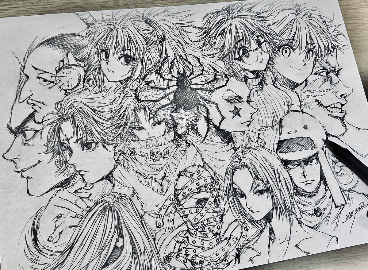 aoi_sunadokei's tweet image. 昨日描いて途中をアップしてたHUNTER×HUNTERの旅団絵
らくがきのつもりで始めて結局物凄く楽しくなってしまい全員描くっていう😂✨
何も考えてなかったものだから真ん中に蜘蛛描こうと思ったらフェイタンの顔と被るから脚がw
A3サイズ楽しすぎ
でっかい絵いいなー!思い切りいっぱい描ける〜!