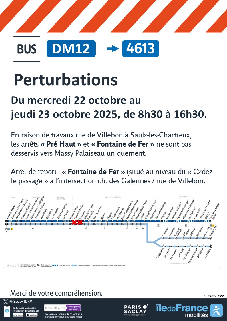 🚨 #infotrafic #Travaux #Ligne4613
‼️Du 22/10 au 23/10/25, de 8h30 à 16h30
🚧rue de Villebon à Saulx-les-Chartreux
❌Arrêts 'Pré Haut' et 'Fontaine de Fer' non desservis vers MASSY-PALAISEAU
✅Arrêt de report : 'Fontaine de Fer' (voir note)

<a href="/MobParisSaclay/">Mobilités - Paris-Saclay</a> <a href="/longjumeau/">Ville de Longjumeau</a>