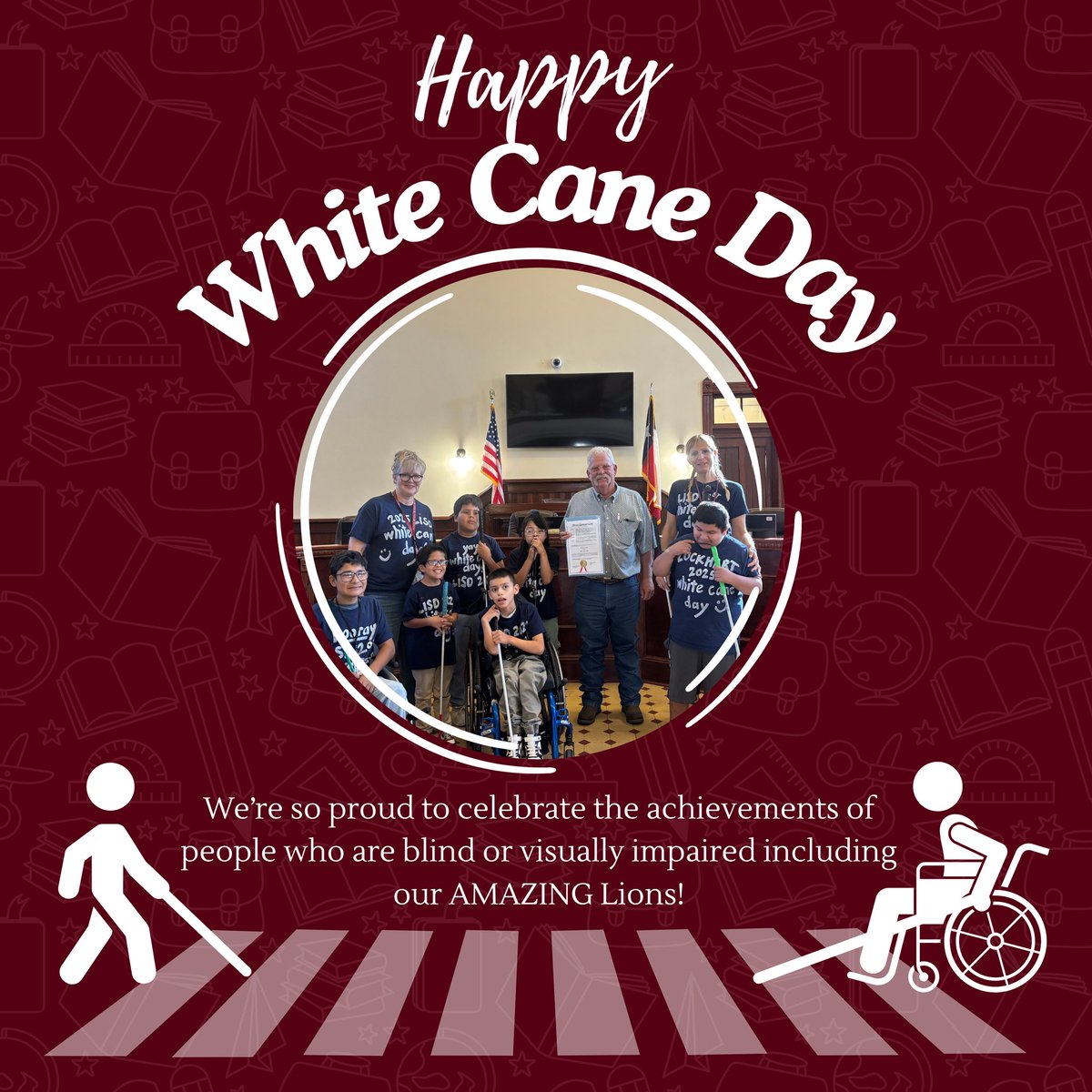 LockhartISD's tweet image. Today we celebrate #WhiteCaneDay 🦯—a symbol of independence &amp;amp; equality for people who are blind or visually impaired. Our Lions marked it early, listening to Judge Hoppy Haden read Mayor White’s proclamation &amp;amp; spreading awareness in the community. ♥️