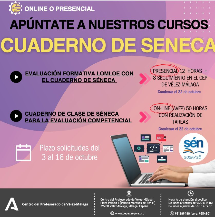 ¡Último día para apuntarse al curso presencial sobre evaluación formativa con el cuaderno de <a href="/senecaeducacion/">Séneca Educación</a>! Si trabajas en la zona <a href="/cepaxarquia/">CEP Axarquía</a>, todavía estás a tiempo de apuntarte. Trataremos la evaluación con el cuaderno de forma práctica, reflexiva juntadeandalucia.es/educacion/secr…