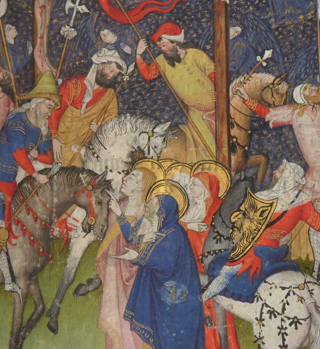 Je me suis dit que ça faisait longtemps que je n’avais pas partagé mes manuscrits préférés… c’est un peu l’occasion ‘
Voici les Grandes Heures de Rohan, 1430-1435, Latin 9471.
Un manuscrit très richement décoré avec des enluminures en pleine page. Ici une crucifixion ⤵️