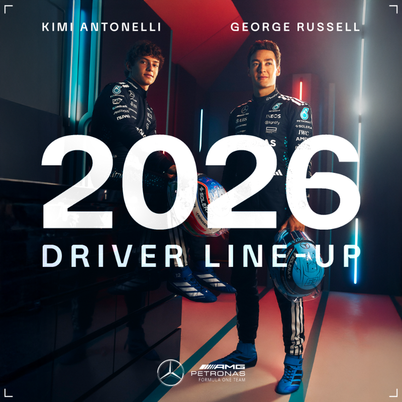 MercedesAMGF1's tweet photo. It's official 😉 

We are delighted to confirm that George Russell and Kimi Antonelli will continue as the team’s driver line-up into 2026