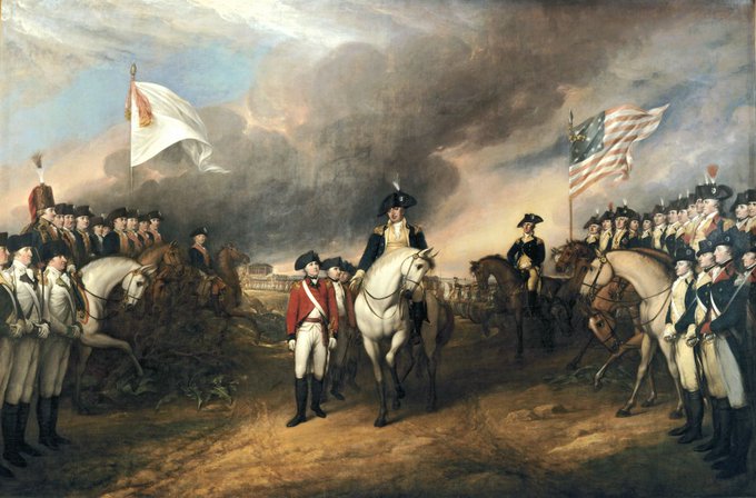 MilHistNow's tweet image. On this day in 1781, the British surrender at Yorktown. Cornwallis requests that his 8,000 redcoats be granted the honour of marching out from their defences with flags unfurled. Washington says no. Citing illness, the British general refuses to attend the surrender ceremony.