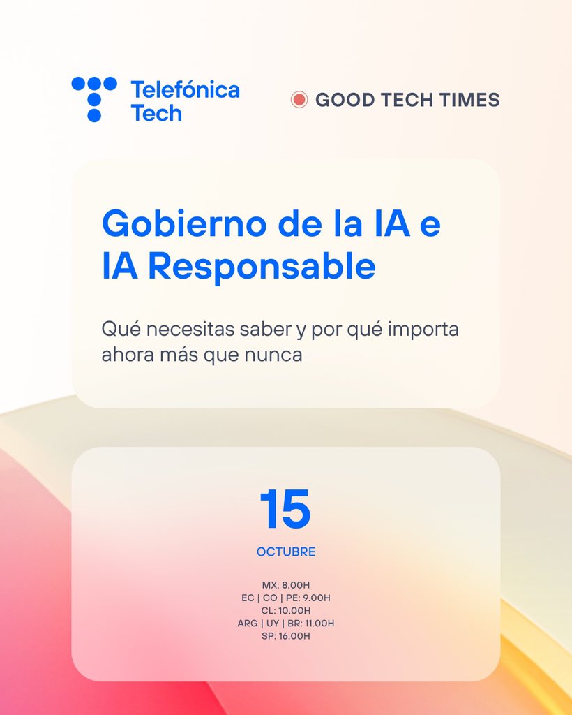 sgaeactualidad's tweet photo. Esta tarde, nuestra directora de Servicios Jurídicos, Marta Nadal, participa en #GoodTechTimes de @TelefonicaTech: 

💡 “Gobierno de la IA e Inteligencia Artificial Responsable”

Claves legales y estratégicas para una IA ética, transparente y conforme a la ley.

https://t.co/7dK6izappR

#SGAE #IAResponsable