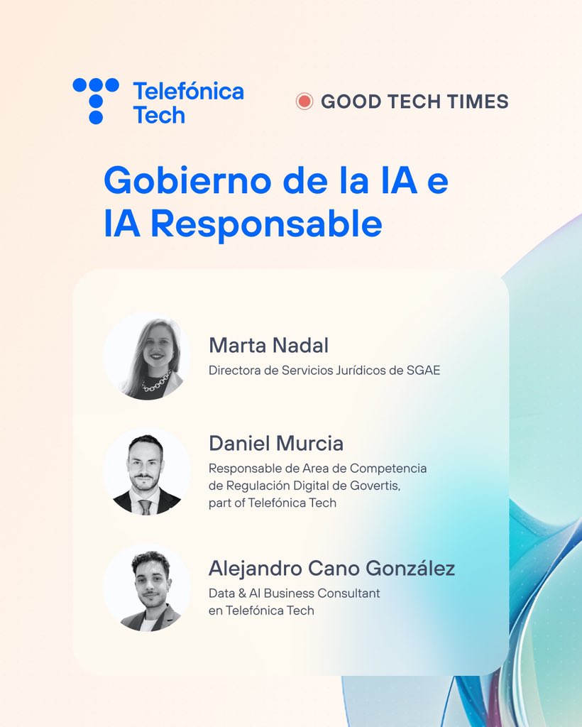 sgaeactualidad's tweet photo. Esta tarde, nuestra directora de Servicios Jurídicos, Marta Nadal, participa en #GoodTechTimes de @TelefonicaTech: 

💡 “Gobierno de la IA e Inteligencia Artificial Responsable”

Claves legales y estratégicas para una IA ética, transparente y conforme a la ley.

https://t.co/7dK6izappR

#SGAE #IAResponsable