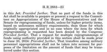 danieljwagner84's tweet photo. From "Further Consolidated Appropriations Act of 2024"- SECDEF has authority from Congress to transfer up to $6 Billion given certain stipulations. I assume that this pay day maxed out this authorization, and given a stalemate in Congress, 29 OCT will not have an easy solution. https://t.co/z0SEI33My8