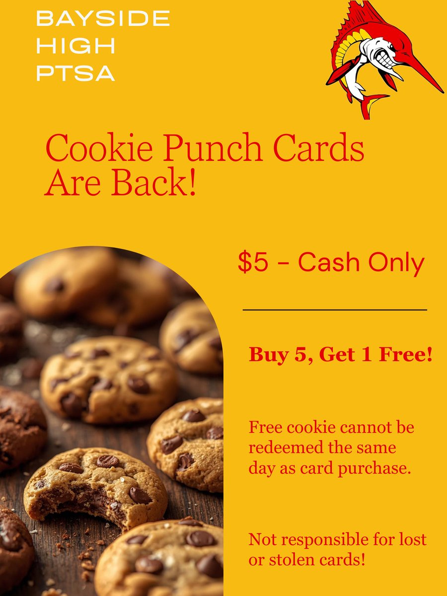 bhsvbptsa's tweet photo. Sweet news, Marlins! 🐬🍪 Cookie punch cards are BACK!
👉 $5 cash only
👉 Buy 5 cookies, get the 6th FREE
👉 Cards available at cookie stations
(Free cookie can’t be redeemed the same day &amp; we’re not responsible for lost/stolen cards)
Support your school and treat yourself!❤️💛 https://t.co/QjHdim0DeH