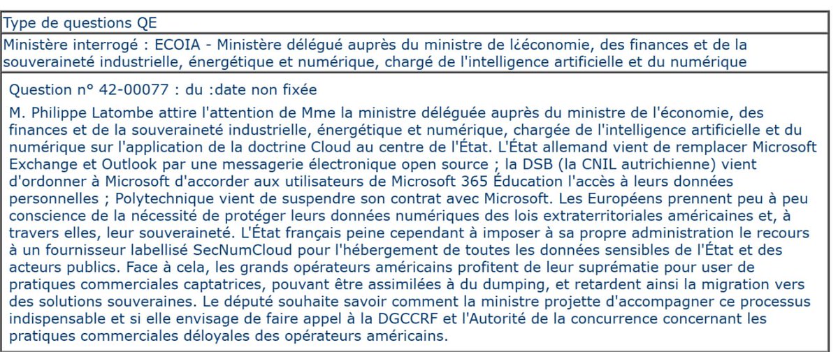Retrouvez ma question à Mme la Ministre du numerique sur le recours à <a href="/Microsoft/">Microsoft</a> 365 Education alors même que cela contrevient à de nombreuses circulaires étatiques et que la CNIL autrichienne vient d'indiquer que ce logiciel ne respectait pas le #rgpd.
👇