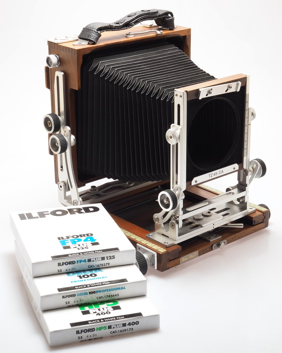 We stock 4x5 film. Ilford FP4, Delta 100 and HP5. Sometimes 35mm and 120 just isn't big enough.