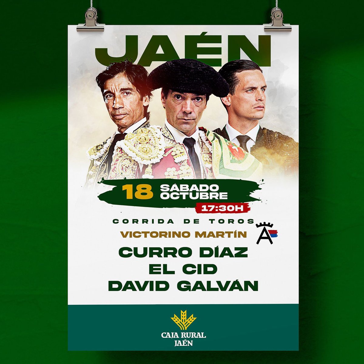 🚨🚨¡𝗖𝗢𝗡𝗙𝗜𝗥𝗠𝗔𝗗𝗢𝗦! Los diestros “𝗘𝗹 𝗖𝗶𝗱” 𝘆 𝗗𝗮𝘃𝗶𝗱 𝗚𝗮𝗹𝘃𝗮́𝗻 estarán este sábado en Jaén con los toros de 𝗩𝗜𝗖𝗧𝗢𝗥𝗜𝗡𝗢 𝗠𝗔𝗥𝗧𝗜́𝗡.

👉🎟️ ¡𝗩𝗘𝗡𝗧𝗔 𝗗𝗘 𝗘𝗡𝗧𝗥𝗔𝗗𝗔𝗦! Taquillas de la plaza de toros y en la web tauroemocion.es