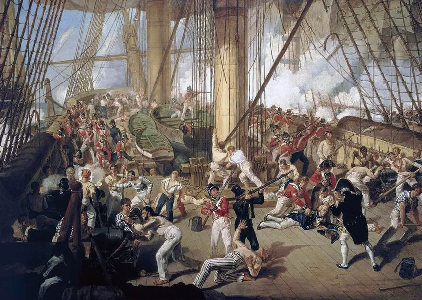 MilHistNow's tweet photo. Today in 1805, the Royal Navy defeats a combined French-Spanish fleet off Cape Trafalgar. The triumph is decisive yet costly; during the fighting, Britain's best admiral, Horatio Nelson, is fatally wounded on the quarterdeck of his flagship, HMS Victory. https://t.co/jbDZdntUCT