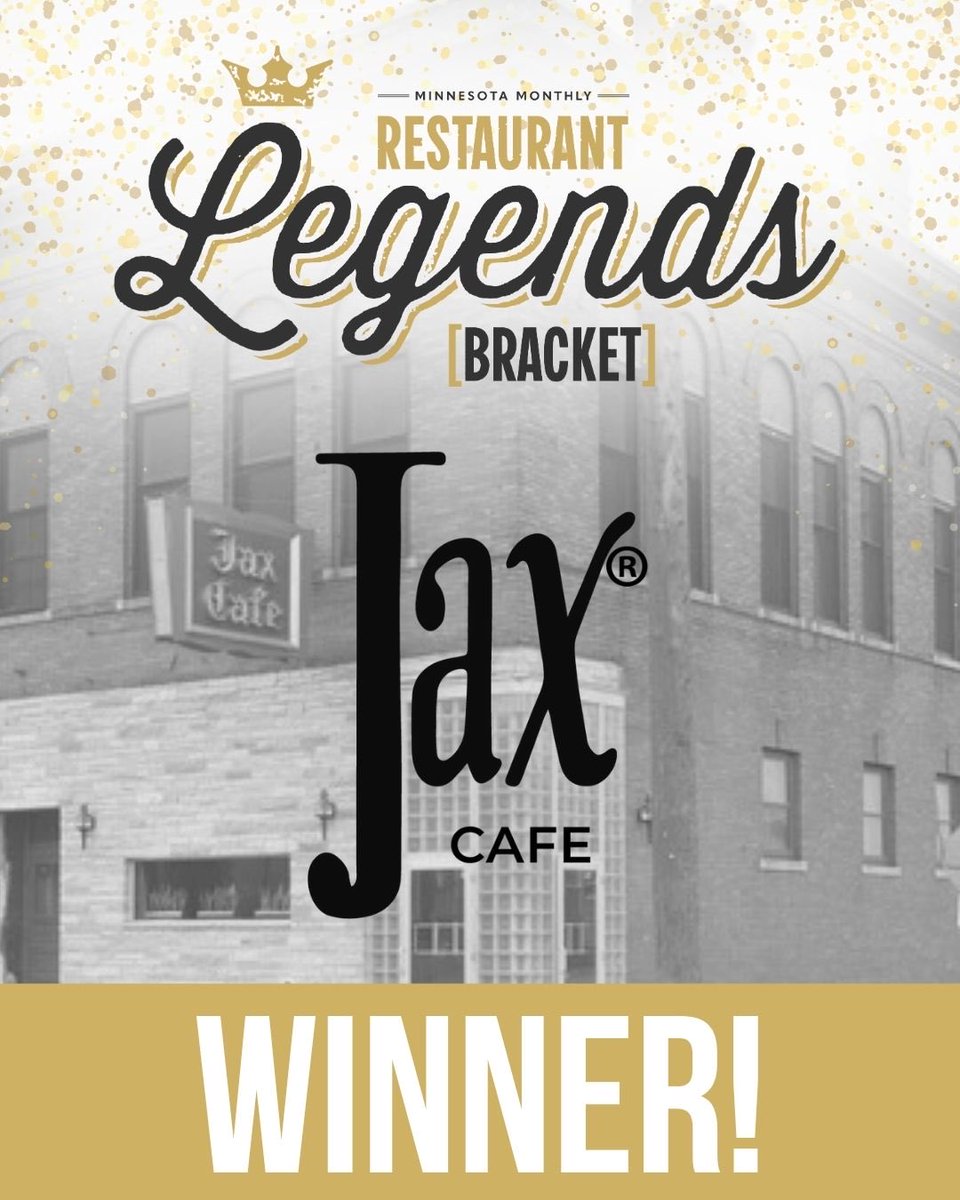 Grateful to be crowned Legends champion in <a href="/MNMOmag/">Minnesota Monthly</a> Bracket challenge.  In a group w some of my fav restaurants. Can’t reach this honor without 91 years of Legendary customers!
<a href="/JaxCafe/">Jax Cafe</a> <a href="/TomBarnardOG/">Thomas Barnard</a> <a href="/DeRushaEats/">DeRusha Eats</a> <a href="/PairAndSparePod/">The Pair and a Spare Podcast</a> <a href="/DanBarreiroKFAN/">Dan Barreiro</a>