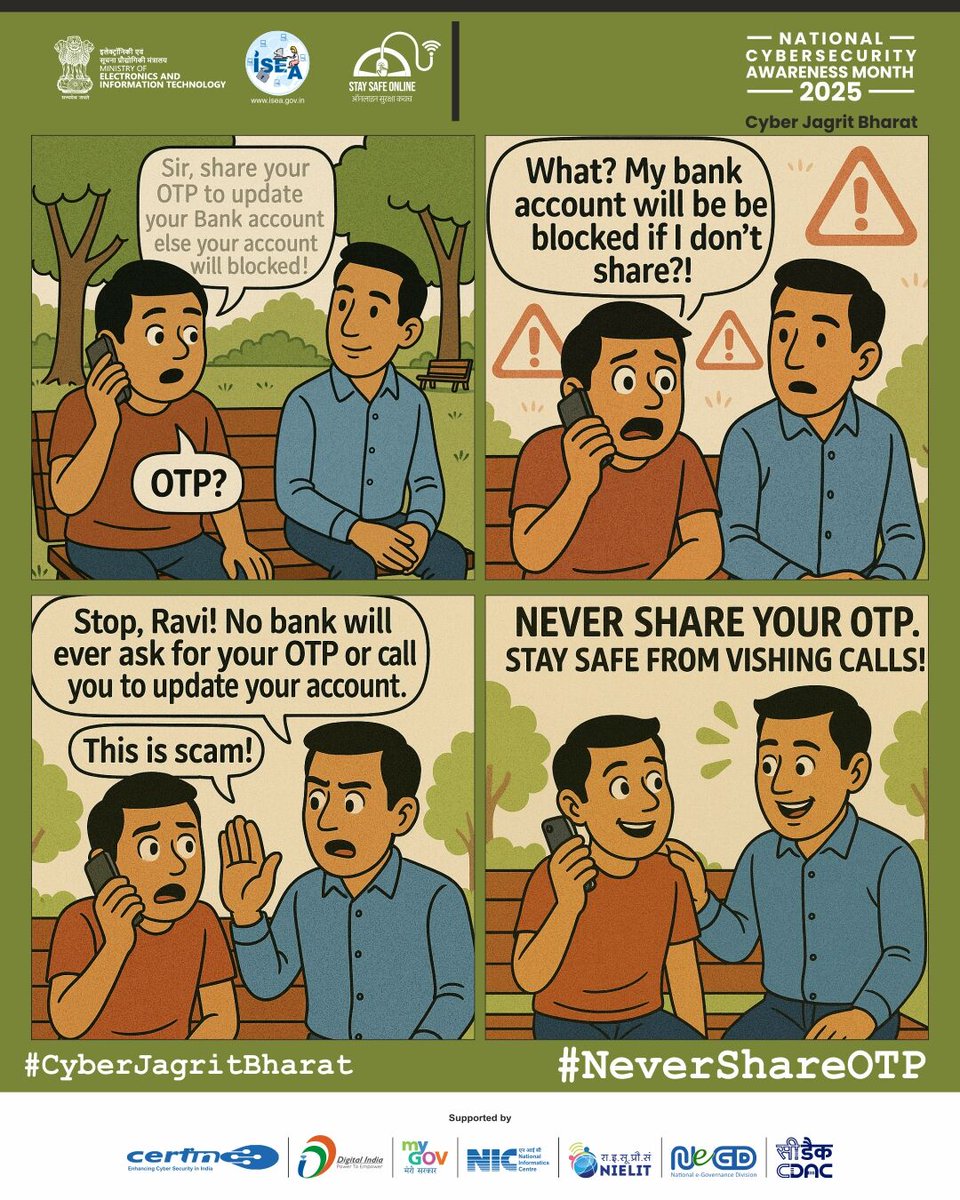 InfoSecAwa's tweet photo. #RakshakTales
🔒 One OTP can cost you big — never share it! 🚫

#CyberSecurity #NeverShareOTP #StaySafeOnline #CyberAwareness #DigitalSafety #CyberJagritBharat #VishingAlert #CyberSmartIndia #OnlineFraud #NCSAM2025 https://t.co/LnaP8QSlVV