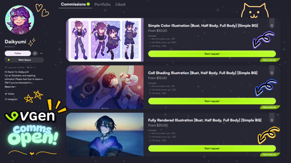 ✨VGen COMMISSIONS OPEN✨
If you're interested in commissioning me please go check it out! Should you have any questions, feel free to leave me a DM either here or on VGen! Looking forward to working with you~ ✧｡٩(ˊᗜˋ )و✧*｡
VGen link in replies⬇️

#VGenOpen #VGen