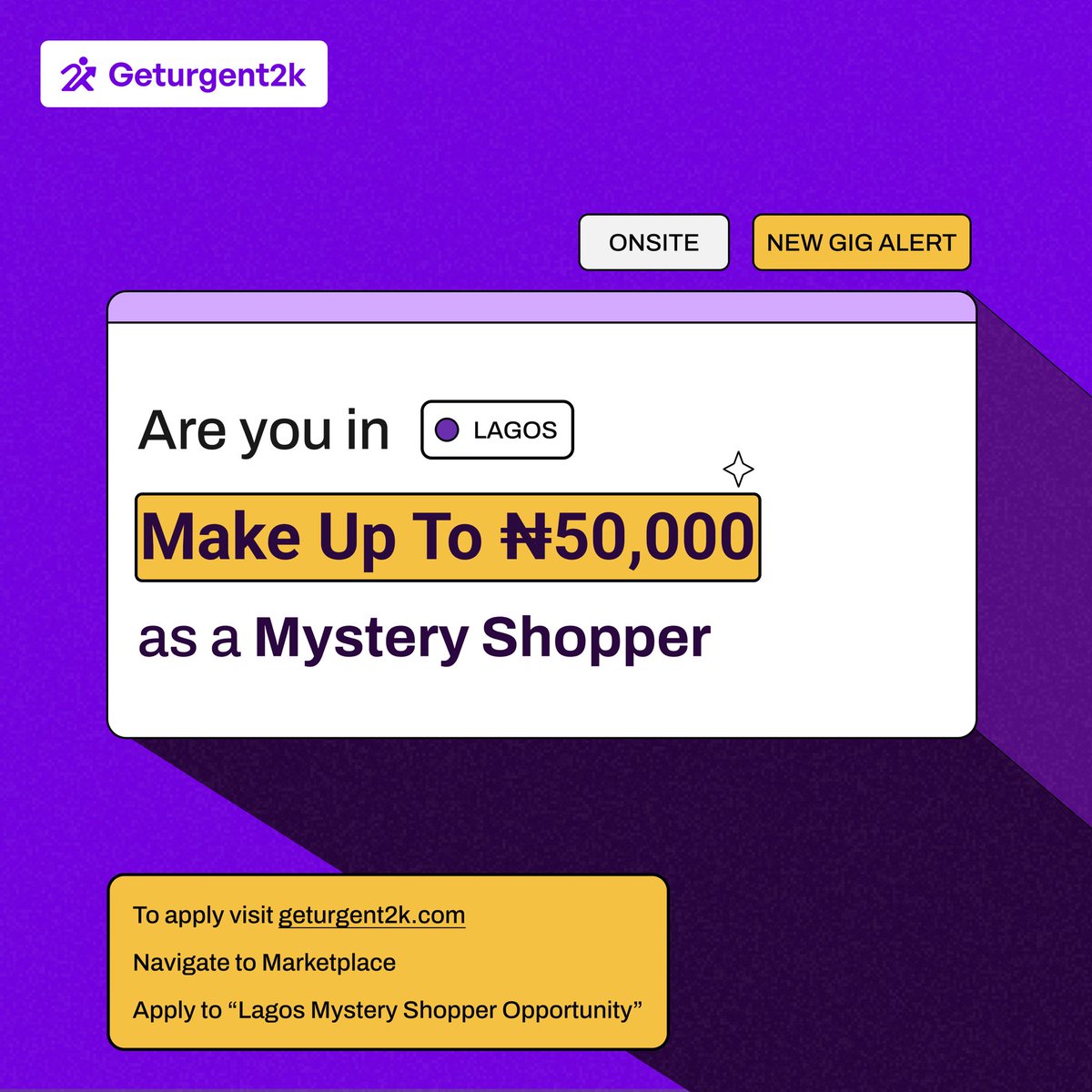 New Mystery Shopper gig on <a href="/Geturgent2k/">GetUrgent2k by Malokun Labs</a> 

Geturgent2K.com to apply…