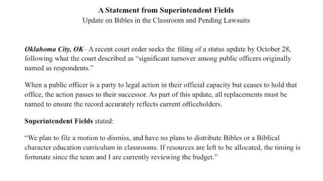 Inbox: The mandate for the Bible in every classroom from <a href="/RyanWalters_/">Ryan Walters</a> is being ended by new State Superintendent Lindel Fields.