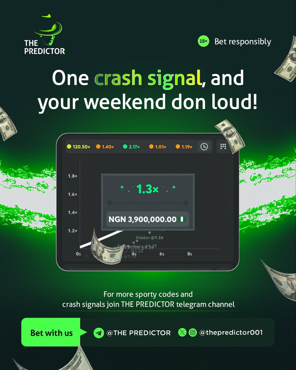 thepredictor001's tweet image. Na just one crash signal you need make your weekend set! 💰

Don’t dull, join THE PREDICTOR Telegram channel for sure  crash signals. 🚀

#ThePredictor #CrashSignal #BetResponsibly