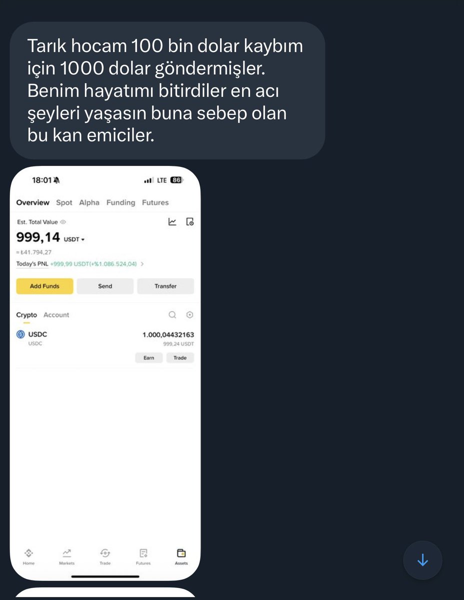 profesorishere's tweet photo. Özellikle kurgu demesinler diye ismini özellikle paylaşmak istediğim bir takipçim, abi ailemden biri görür sorun olur dediği ve rızası olmadığı için keserek paylaşıyorum. 

Sadece son düşüşte 100.000$ kaybetmiş. 
Gönderilen iade ise 1000$. Alay etmiş gibi. 
Ve bu kişi binance’ye sadece vadelide 311.000$ bırakmış. Buna benzer sayısız örnek var. 

Gönderilen rakamların açıklanan hesaplama ile hiç bir alakası ve matematiği olmadığını gösteriyor. Binance destek üzerinden talep açmanız lazım denilen konu, kullanıcı ve likidite kaybını engellemek için panikle ve rastgele hızlı şekilde yapıldığı çok ortada. 

Yani amaç mağduriyeti gidermek değil. 

Buradaki amaç; bunu al ve sus, bunu aldığınada şükret. Şu an bizden kaynaklı etmiş olduğunuz zararı hesaplayacak bir tablo ve durum yok. Kriz durumundayız ve bunu hızlıca çözmeliyiz yaklaşımıdır.

Abi ben düşüş sertleşmeden liq olmam için daha %10 düşmesi gerekiyorken market order ile kapatmak istediğimde komple liq oldum diyen adam hiç bir iade alamamış mesela. 

Bana çok fazla Dm atıyorsunuz haklı olarak sesinizi duyurmak istiyorsunuz arkadaşlar ama tek tek herkesin sorunu burada tek tek paylaşmam imkansız. Sizler postlar altına ekleyin sorunlarınızı isterseniz dostlar.

Bu hafta il dışındayım ve biraz yoğun olacağım için çok aktif olamayacağım. 
Ve bu konu ile çok paylaşım yapıldığı için artık sizlere rahatsızlık verdiğini düşünüyorum. 

Dediğim gibi yeni hafta ile verilerin yavaş yavaş normale dönmesi ile artık piyasa analizlerine geçmemiz lazım. Bu süreçte yine yanlış gördüklerimizi paylaşacağız. 

Sizlere önerim bu yapılanları unutmayın ve her fırsatta tepkinizi göstermeye devam edin. Haksızlık karşısında sessiz kalmayın.