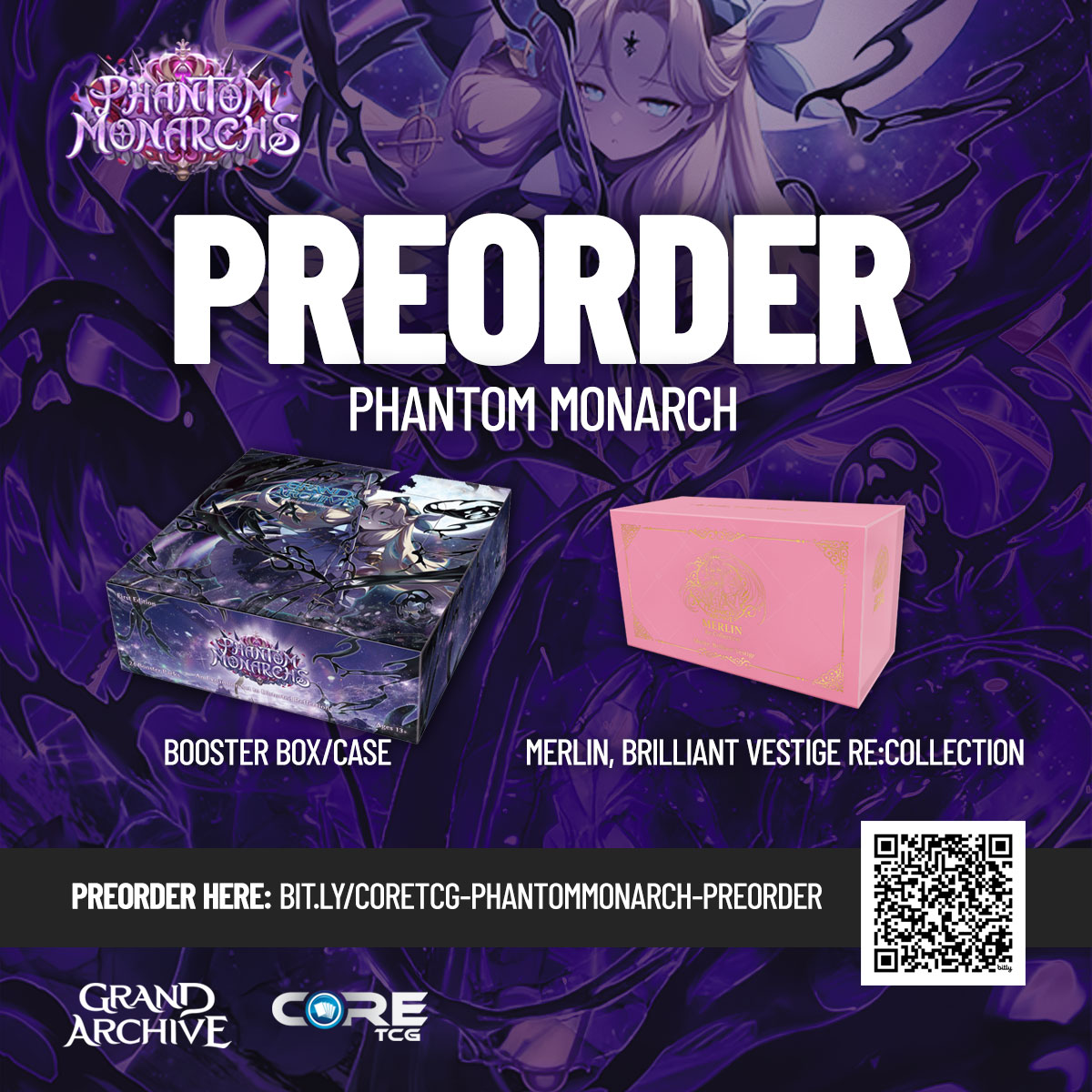 CoreTCG's tweet image. Preorder the new set of Grand Archive - Phantom Monarch set to be released Dec 5th!

- Box $89.99 / Case (6 box) $539.94
- Merlin, Brilliant Vestige Re:Collection $49.99

Preorder here: bit.ly/coretcg-phanto…

#coretcg #GrandArchiveTCG
