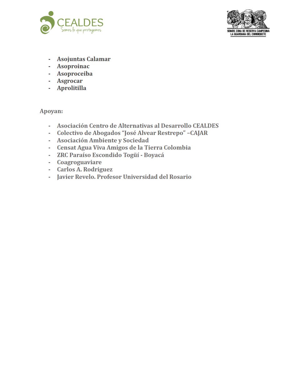Desde el comité de impulso de la ZRC La Guardiana del Chiribiquete  insistimos en la urgencia de que las instituciones cumplan los compromisos adquiridos de manera oportuna para dar continuidad al proceso de constitución de nuestra ZRC el próximo 25 de Octubre.