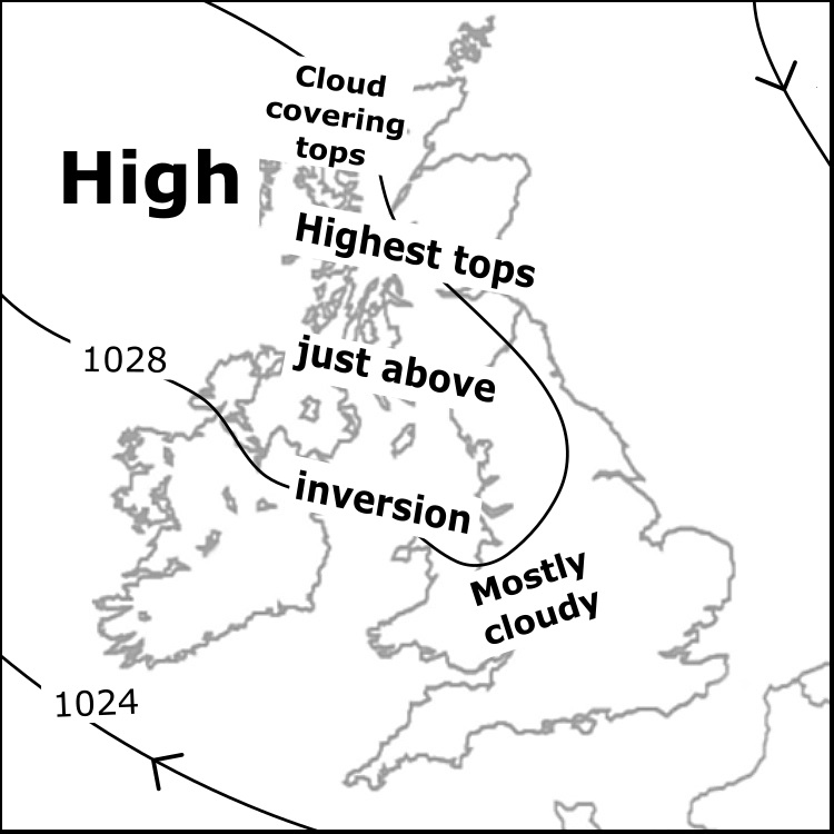 Thu 16/10: Higher mountain tops particularly in southern half of Highlands remain above an inversion; low-level cloud rising, locally thinning gradually. Further N-NW, cloud will cloak upper slopes. In Lakes &amp; Snowdonia, very highest summits also near/just above the cloud-top.