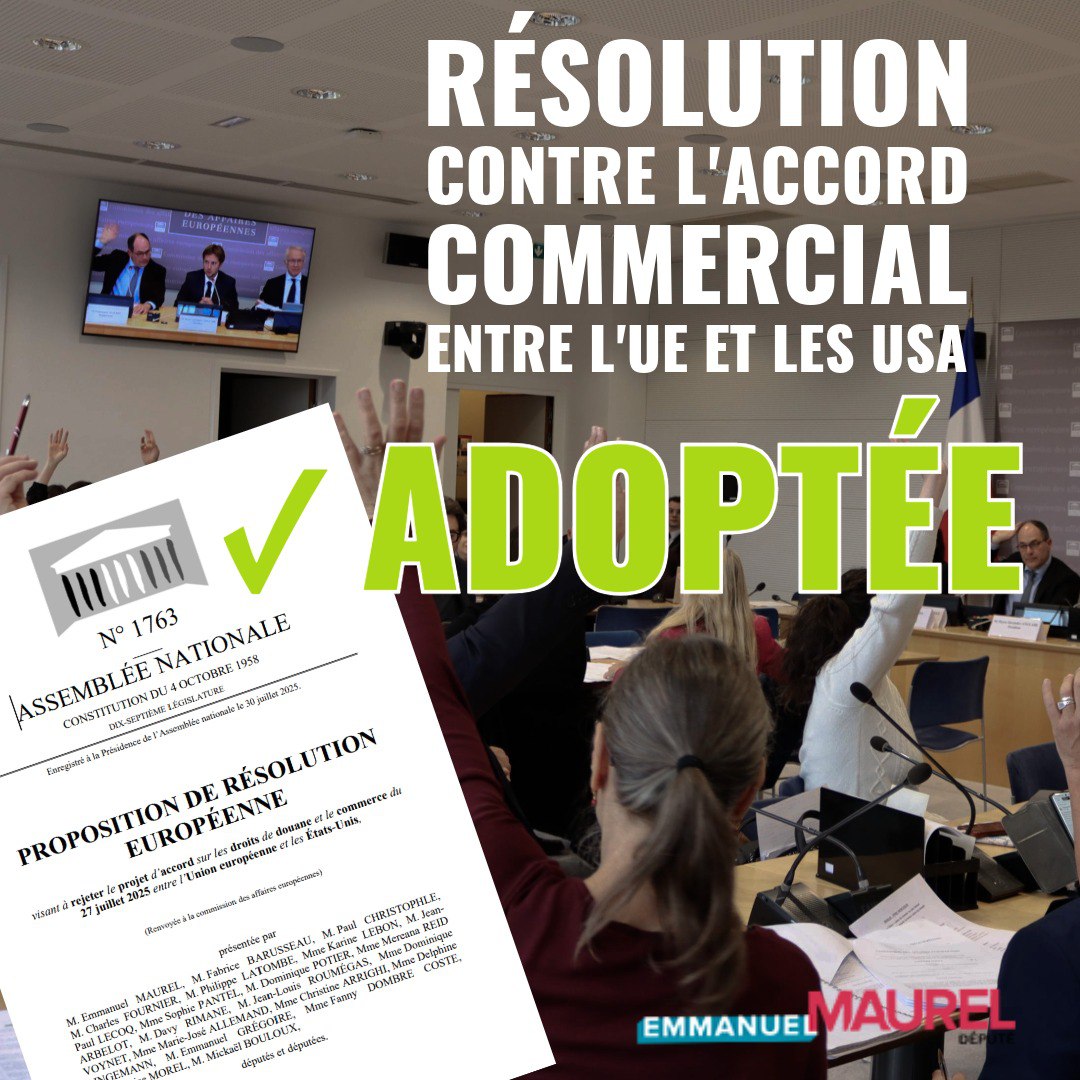 ✅️ La Commission des Affaires européennes a voté à la quasi unanimité ma résolution contre «l'accord» commercial UE-USA, où <a href="/vonderleyen/">Ursula von der Leyen</a> a capitulé face à #Trump. Une large majorité se dessine à l'Assemblée nationale pour exiger du Gouvernement qu'il rejette ce texte! #DirectAN