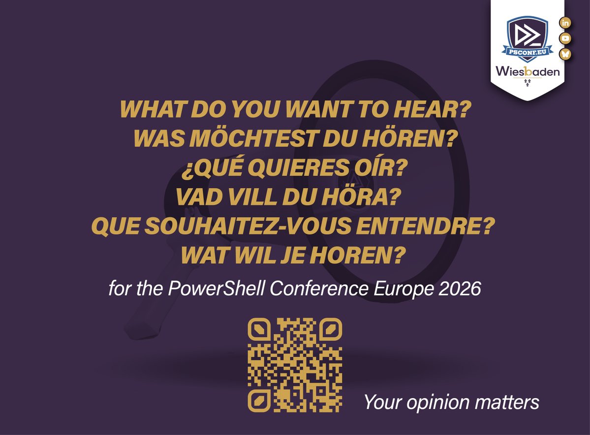 PSConfEU's tweet image. We’re preparing #PSConfEU 2026 — and we’d love your input.
What topics, sessions, or speakers would you like to see next year?
Tell us what you want to hear 👉 forms.office.com/e/8DpgDPnFyw
#PowerShell #automation #Germany #Wiesbaden