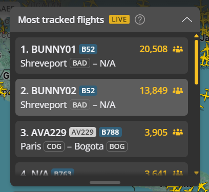 🇺🇸🇻🇪 Más de 20.000 personas siguiendo a los bombarderos B-52H sobrevolando las costas de Venezuela. Es el vuelo más seguido del mundo en estos momentos.

Maduro y sus Fuerzas Armadas siendo humillados frente a los ojos de todo el planeta y apenas fue una demostración de fuerza.