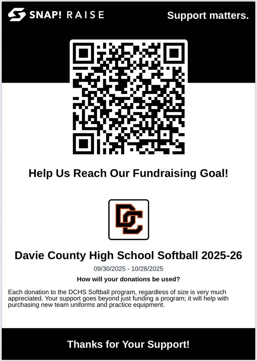 Davie community, we’ve got 2 weeks left of our team fundraiser. Please help us reach our fundraising goal this year. You can click on the link or scan the QR code. Thank you to everyone who has donated to help us reach our goal! 

raise.snap.app/donate/davie-c…