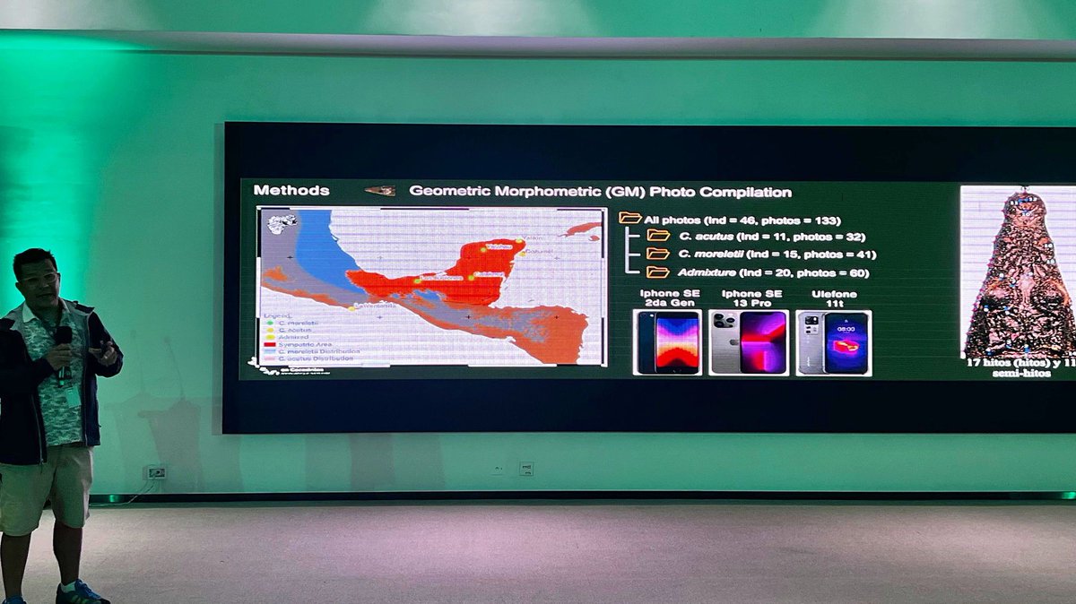 Croc_Research's tweet image. Dr. Mauricio González at CSG/IUCN 🇸🇻 (Sept 24–26, 2025) featuring Raziel Sáez &amp;amp; Joana F. Batalha on crocodile head-shape morphometrics. 
#CSG #IUCN #Morphometrics #Crocodiles