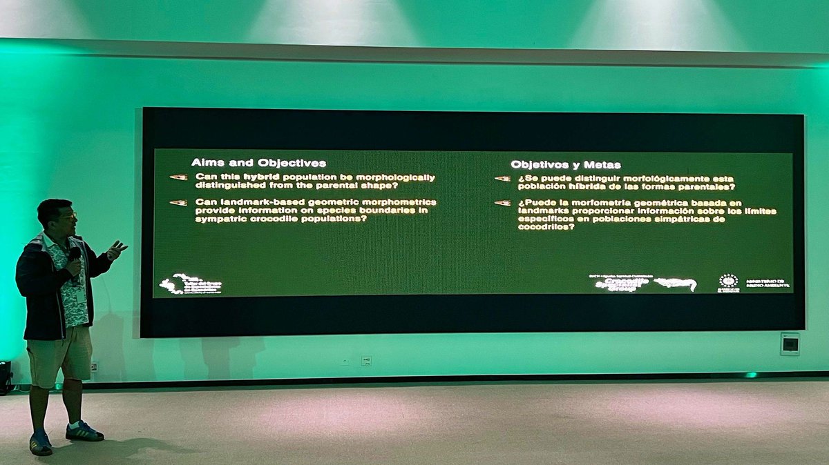 Croc_Research's tweet image. Dr. Mauricio González at CSG/IUCN 🇸🇻 (Sept 24–26, 2025) featuring Raziel Sáez &amp;amp; Joana F. Batalha on crocodile head-shape morphometrics. 
#CSG #IUCN #Morphometrics #Crocodiles