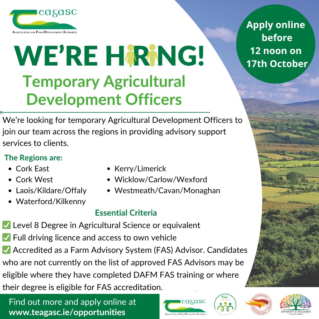 Interested in joining the Teagasc Team?  We are Hiring Temporary Agricultural Development Officers across 7 Advisory Regions in providing advisory support services to clients.  For more information and locations of these vacancies go to teagasc.ie/opportunities #jobopportunties