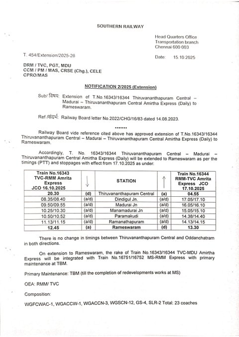 Official letter from Southern Railway Headquarters in Chennai dated 15.03.2023 regarding extension of Train No.18495/18496 Trivandrum Central - Rameswaram Express to Madurai Jn. effective 17.04.2023. Document includes reference to Railway Board letter, detailed train timings for arrival and departure at stations like Trivandrum Central, Madurai Jn., and Rameswaram. Lists journey times in hours, notes no changes in intermediate stations, mentions LHB rake provision with 22 coaches breakdown: 1 AC 2 Tier, 3 AC 3 Tier, 14 Sleeper Class, 3 General Second Class, 1 SLR. Signed by authority with CRM/P/MAQ/CHE stamp.