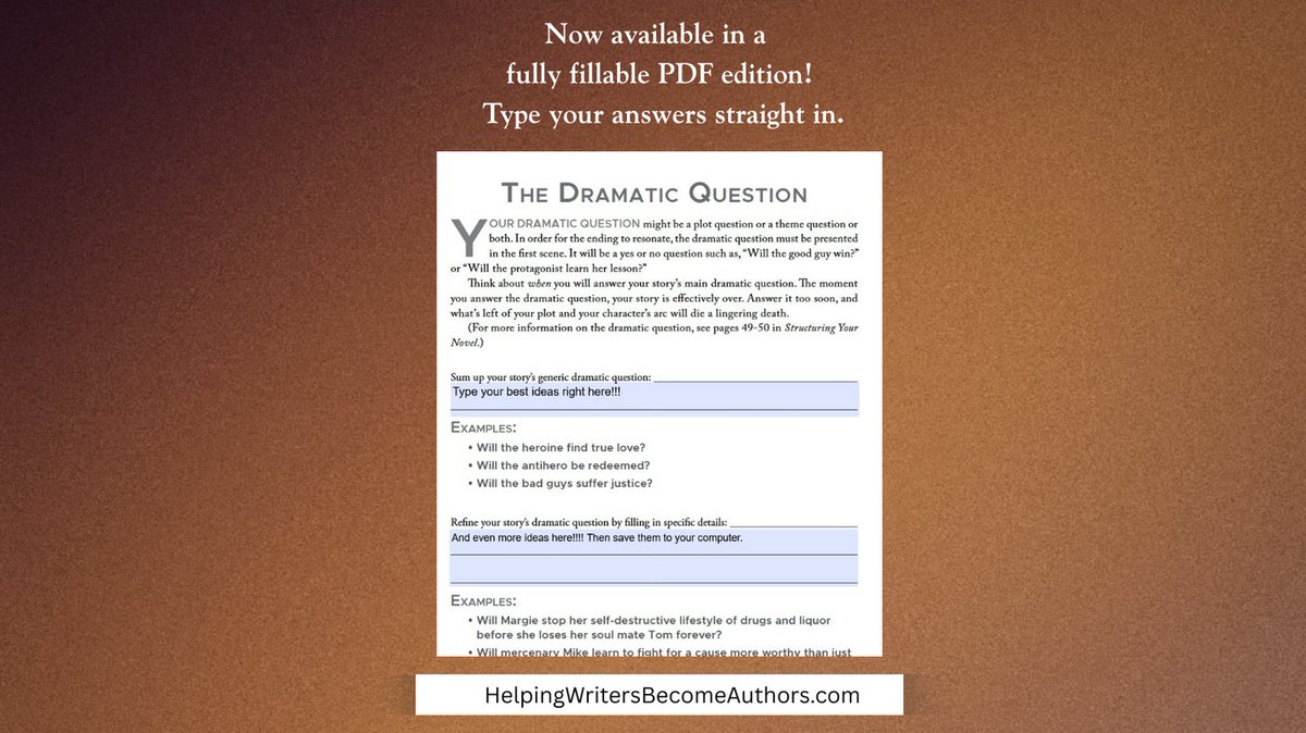 KMWeiland's tweet image. New! ✨ Fillable PDF edition of the Structuring Your Novel Workbook (2nd Ed.) 💻

Type your answers directly into the workbook + save as you go. Exclusive to my store → kmweilandstore.com

#AmWriting #WritingCommunity #WritingTools #StoryStructure