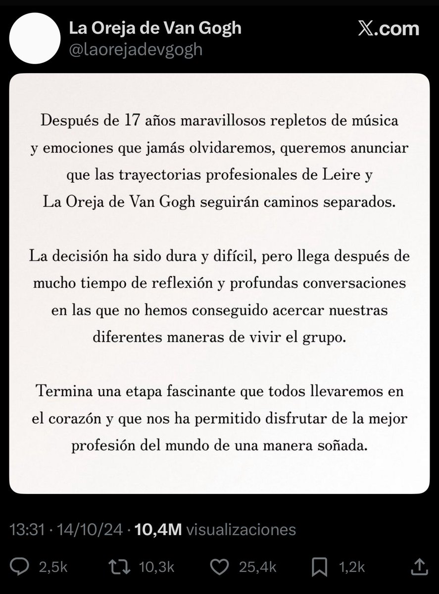 albammmedina's tweet photo. Cuando comparas el comunicado de la salida de Leire con el de la vuelta de Amaia a ‘Lo Oreja de Van Gogh’ lo entiendes todo 😁🫠

👀 Me parece una tremenda falta de respeto contra alguien que dió la cara por el grupo durante 17 años https://t.co/Jp9vy9Hno2