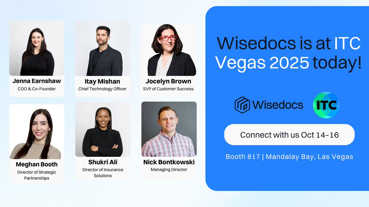 Wisedocsai's tweet photo. ๐ Itโs ITC week! Weโre live at @insuretechnow Vegas 2025 #BecauseofITC
Find us at Booth 817 and see how #AI with #HumanInTheLoop oversight is powering the next generation of #ClaimsIntelligence.
Meet our team and explore new product innovations ๐ https://t.co/Ht1SYQJrbG https://t.co/zbxuloNG1V