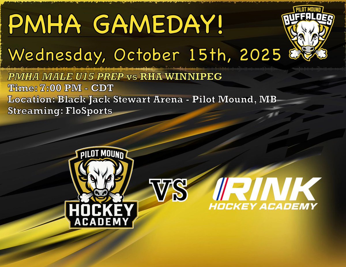 IT'S A PILOT MOUND HOCKEY ACADEMY GAMEDAY! 

🗓️Wednesday, October 15th, 2025 

#FearTheBuffs #PMHA #StudentAthletes