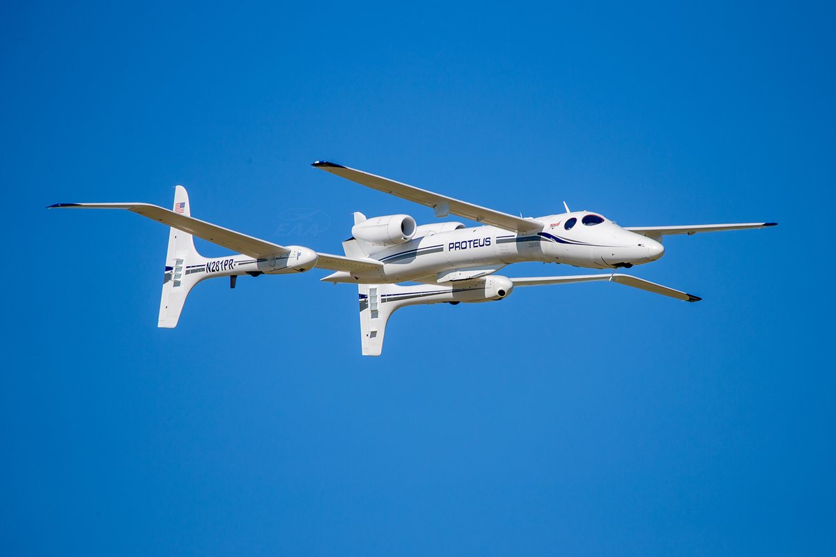 A wild yet brilliant design! Burt Rutan’s Model 281, Proteus, was built to test high-altitude telecommunications relays.

It could be flown by two pilots or operate semi-autonomously and was remarkably efficient – able to orbit at 65,000 feet for more than 18 hours.

📸 Chris