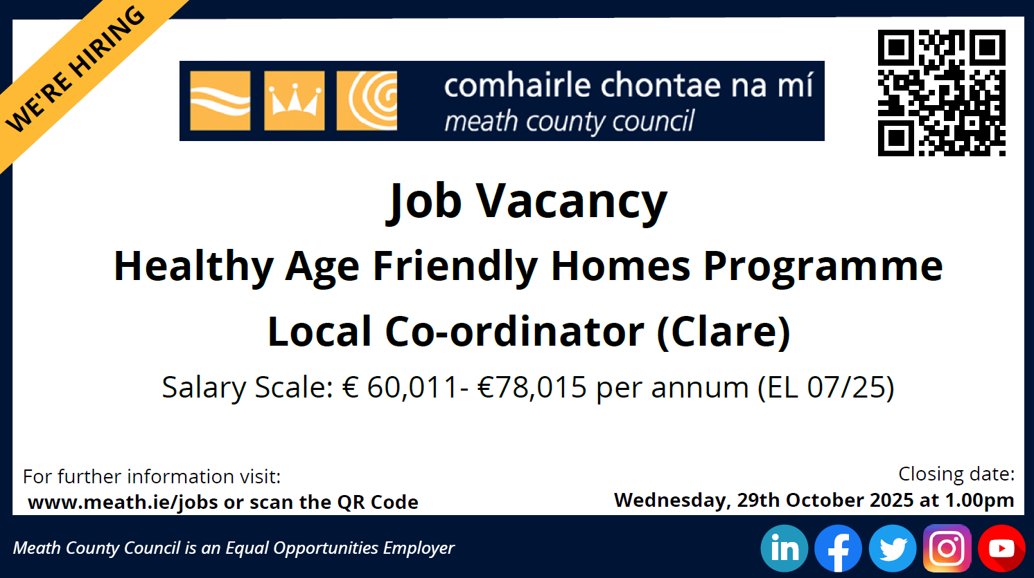 AgeFriendlyIrl's tweet photo. Would you like to join our team 😊
Meath County Council hosts the national Age Friendly Ireland Shared Service on behalf of the local government sector. Healthy Age Friendly Homes (HAFH), is a programme run by the shared service. We are recruiting a Healthy Age Friendly Homes, Local Co-ordinator in Clare.
Closing date for receipt of applications is Wednesday, 29th October 2025 at 1.00pm
@ClareCoCo