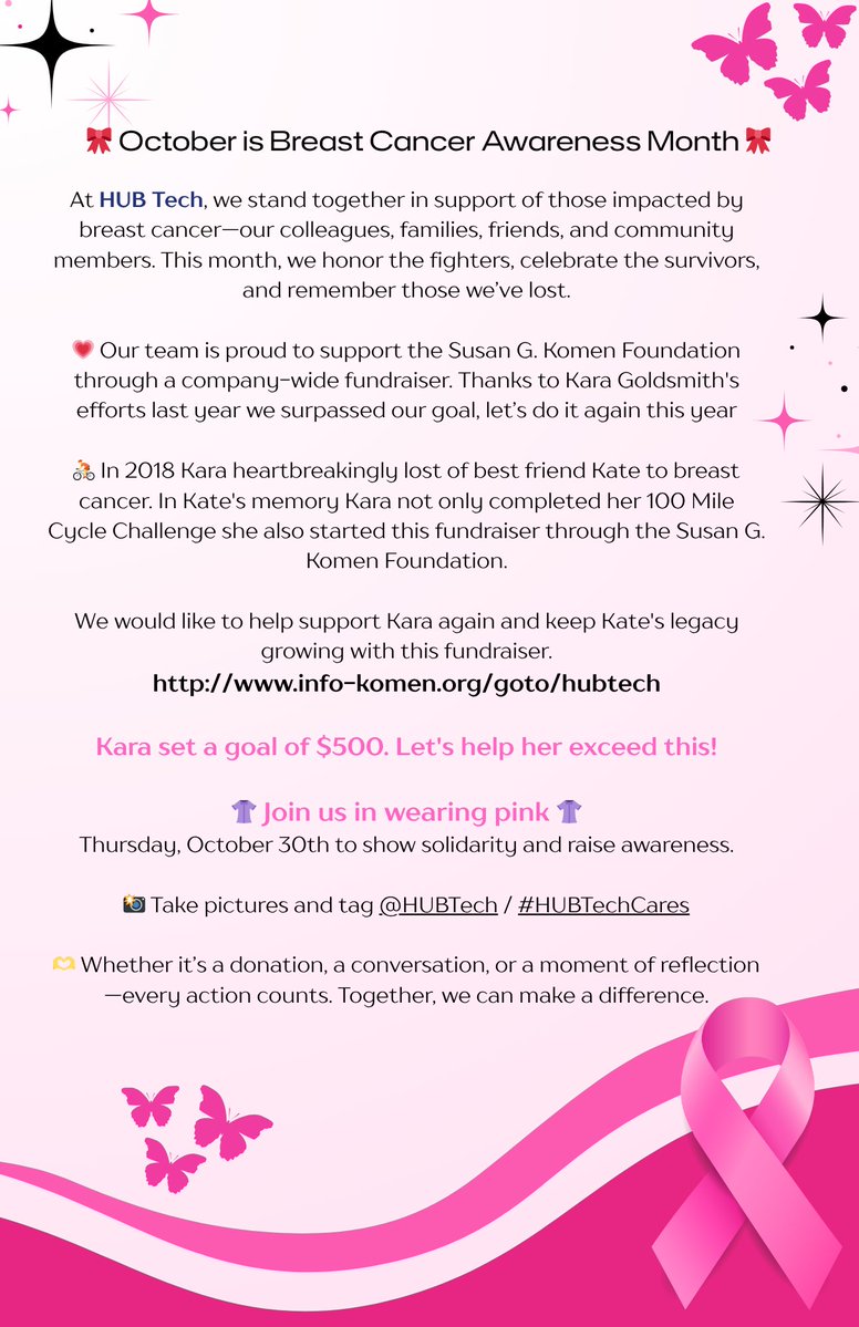 hubtechnical's tweet image. 🎀 #BreastCancerAwareness 🎀
🫶🏼 In memory of Kate 🫶🏼
💪🏼 #HUBTech, we stand together in support of those impacted by breast cancer.
💗 This month, we honor the fighters, celebrate the survivors, and remember those we’ve lost.
📢 info-komen.org/goto/hubtech
#HUBTechCares