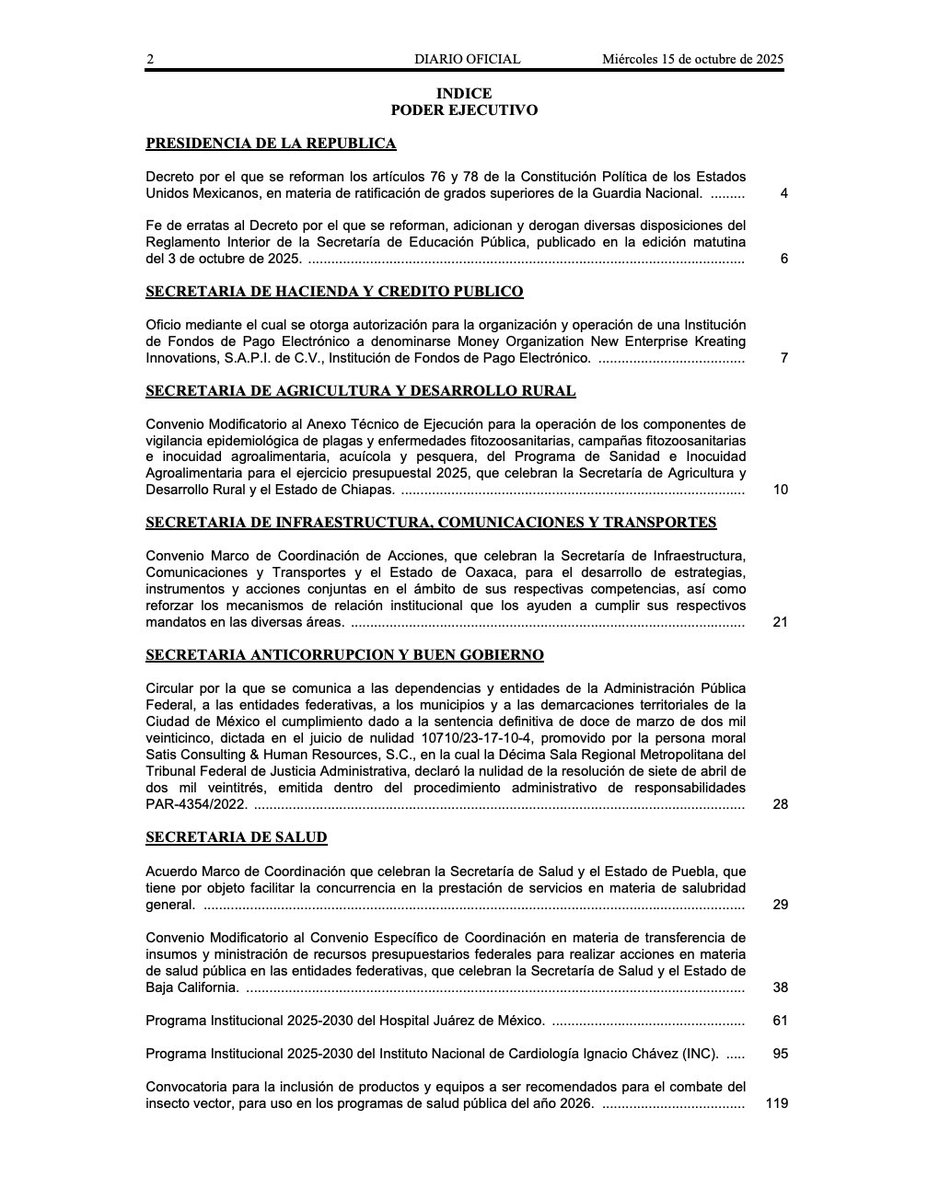 OJN_SEGOB's tweet photo. 📜 Diario Oficial de la Federación @DOF_SEGOB
15-10-2025 Edición Matutina
👉 https://t.co/kUqYvzVo4w
@SEGOB_mx 
.
.
. 
#DOF #México
#15DeOctubreDe2025   
#OrdenJurídicoNacional
#OJN https://t.co/zUA7SD421h