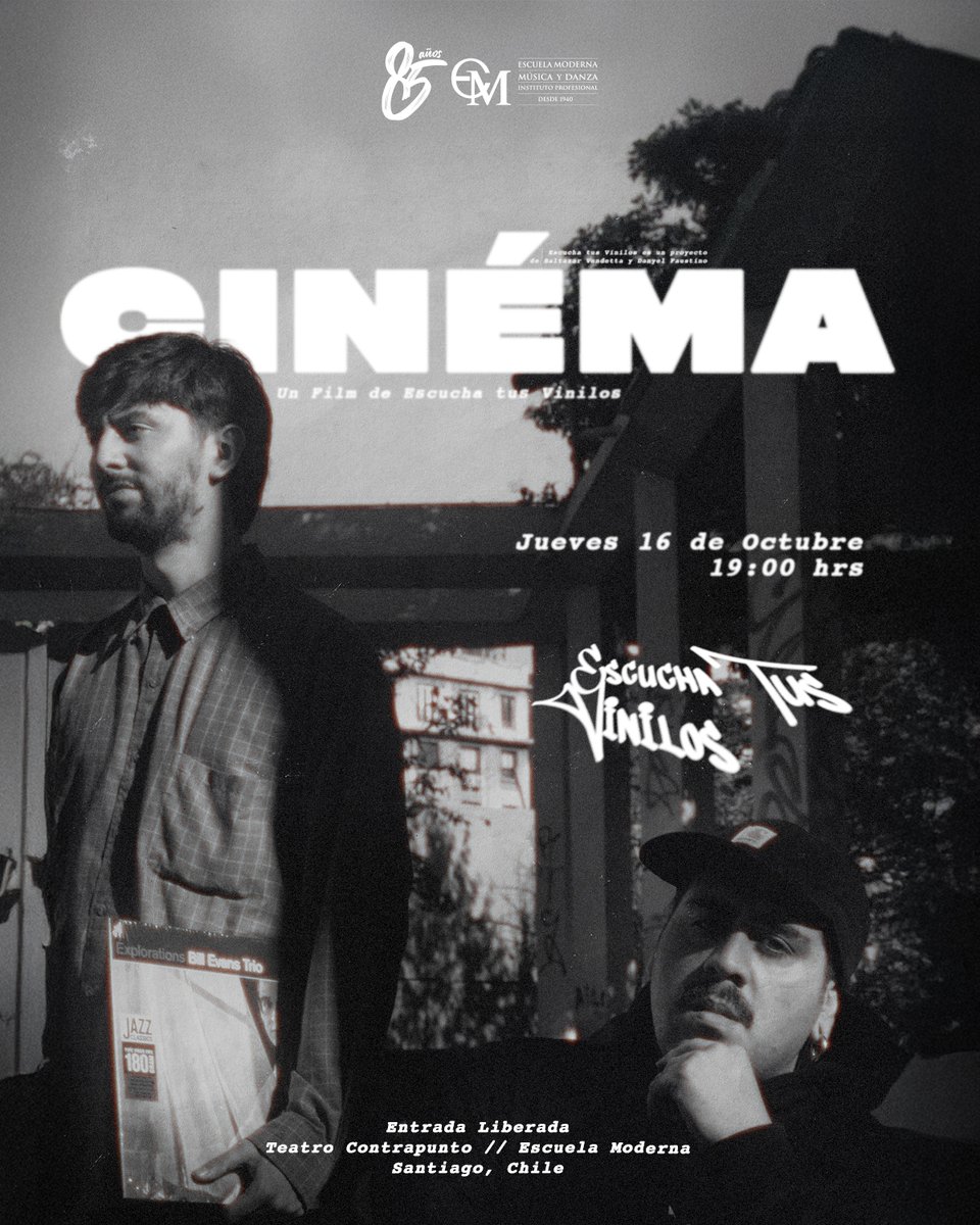 🎶 ¡Este jueves 16 de octubre!
Escucha Tus Vinilos presenta “CINÉMA”, su primer disco 🎬✨
Un estreno imperdible en el Teatro Contrapunto, a las 19:00 horas.

🎟️ Entrada liberada — ¡No te lo pierdas!