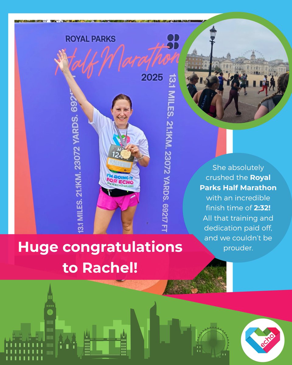 ECHO (@echoukcharity) on Twitter photo A huge congratulations to Rachel for crushing the Royal Parks Half with a 2:32 finish! 🏅 
She ran with purpose, raising nearly £1,000 for ECHO💛 
We're so grateful for her dedication—every step helps support ECHO families! 🙌 A huge congratulations to Rachel for crushing the Royal Parks Half with a 2:32 finish! 🏅 
She ran with purpose, raising nearly £1,000 for ECHO💛 
We're so grateful for her dedication—every step helps support ECHO families! 🙌