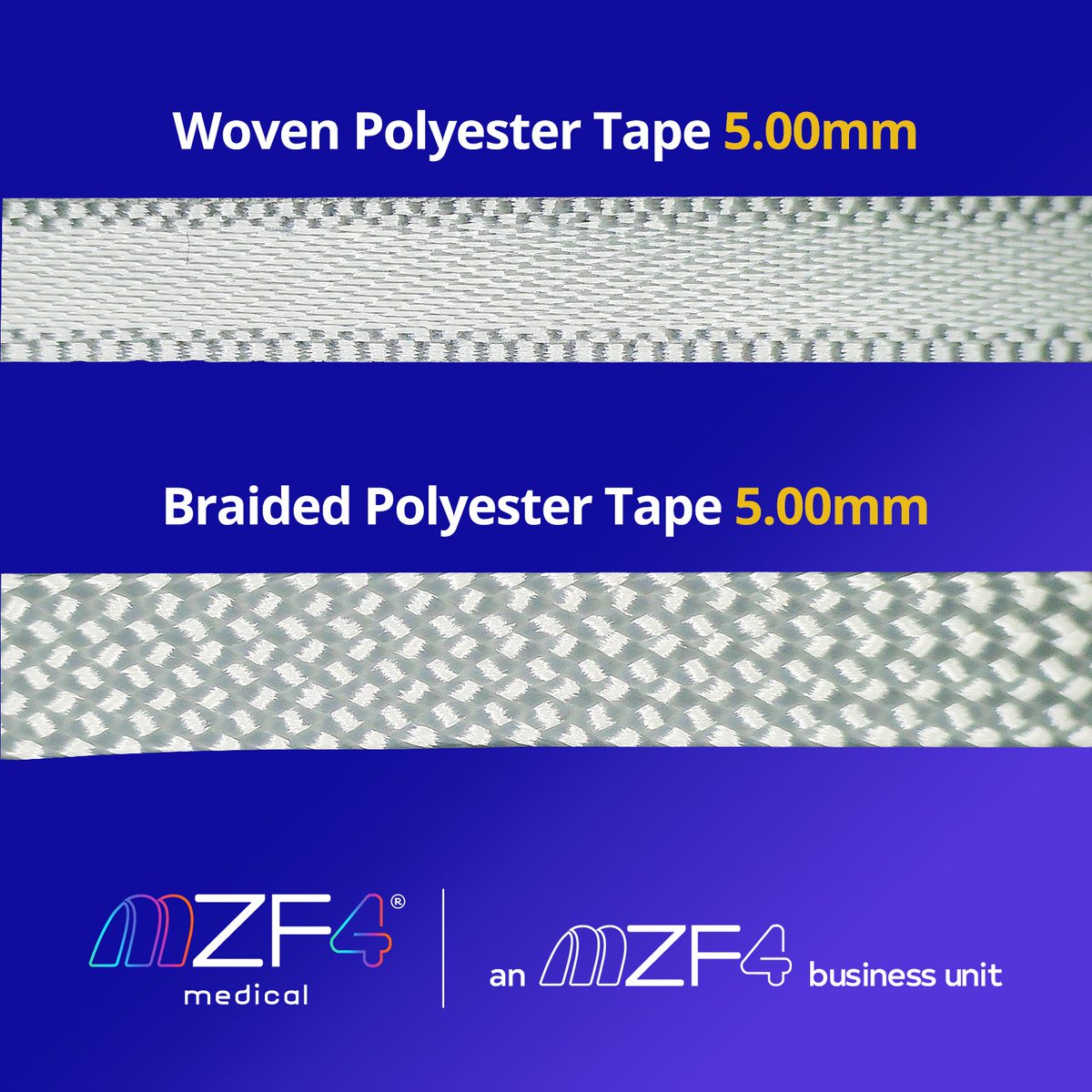 mzf4_group's tweet image. Product Portfolio Expansion: #Mazter Polyester Tape! We are proud to announce that, in addition to our existing Mazter 5mm braided #polyester tape, we will now also be offering it in the woven configuration. 
MZF4 Medical: an #MZF4® business unit.
#Innovation #Science #Technology