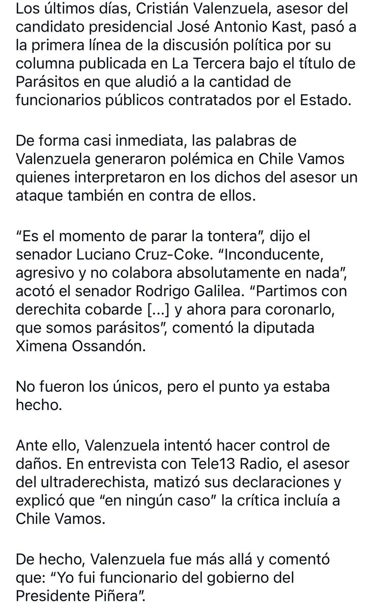 24.000.000 de pesos de fondos públicos le reembolsó el servel a Cristian Valenzuela por la campaña de Kast. 

Y en paralelo ganó 54.000.000 por asesorar a la DIPRES de Piñera. 

78.000.000 de pesos en total. 

Pucha el parásito caro. 🦠 

¡Y con la plata de todos los chilenos!