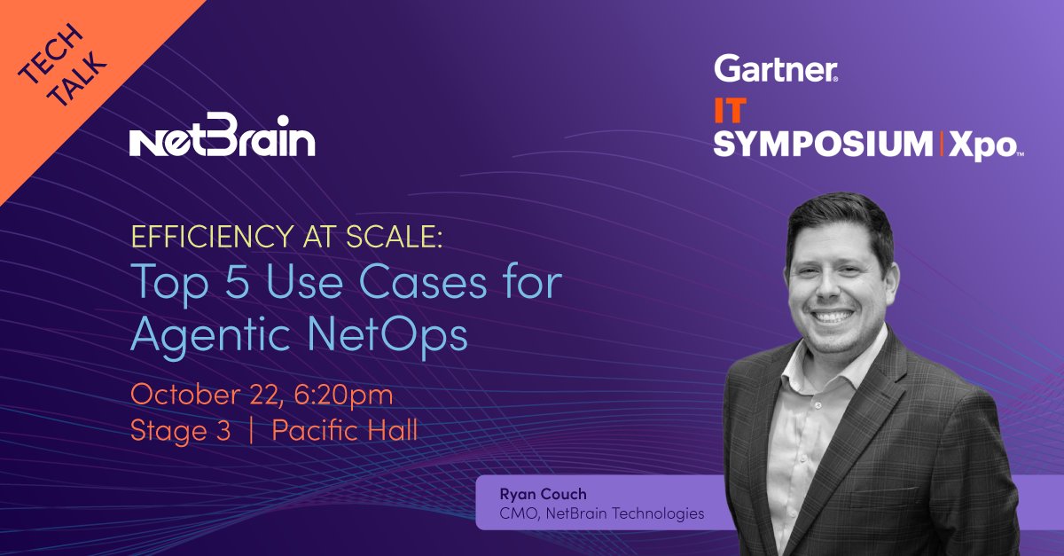 NetBrainTech's tweet image. We're at #GartnerSYM ! Join us Oct 20-23 in Orlando 📍 Booth #252 to see how Agentic NetOps is transforming network operations with AI-powered reasoning, visualization, and self-healing. 
Don't miss Ryan Couch on Oct 22, 6:20 PM: "Top 5 Use Cases for Agentic NetOps"
Join us!