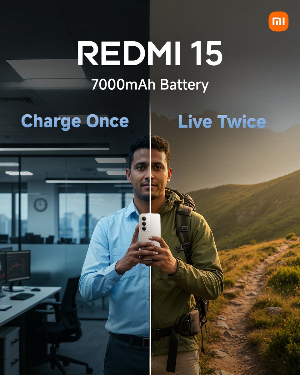 MiBangladesh's tweet photo. Charge Once. Live Twice. 🔋
From work mode to wander mode — the all-new REDMI 15 keeps you powered through every moment.
With its 7000mAh super battery, live without limits, explore without pause, and make every charge count!

#REDMI15 #PowerBeyondLimits #7000mAhBattery #EndlessPower #WorkAndWander #LiveTwice #SnapdragonPower