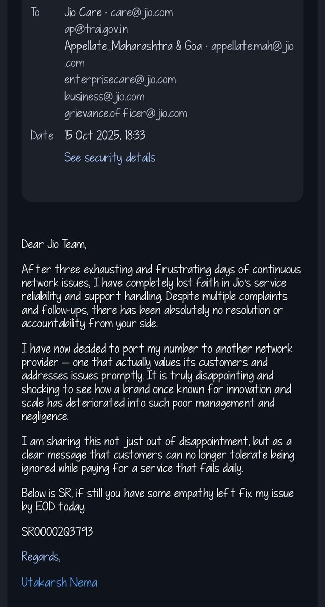 Utakarsh888's tweet photo. @JioCare 
SR00002Q3793 pending from last 4 days due to your network glitch I am getting back to back calls stating that they are getting miss call from my number .

Now I don't have other choice to move to Other network as JIO is now in too bad hands. https://t.co/e3Jg9QWyaz